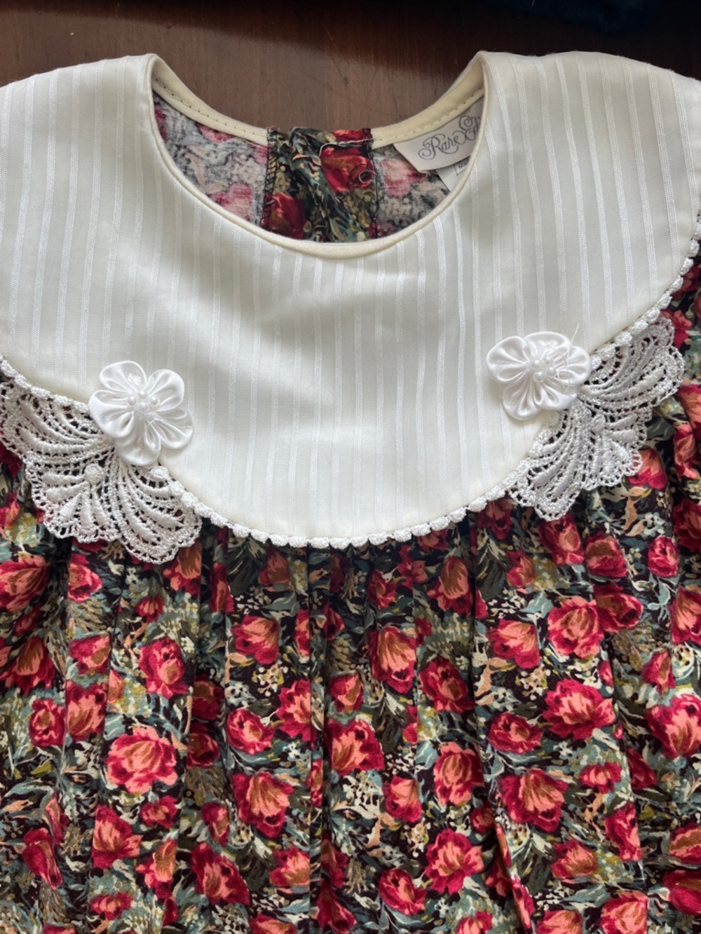 Little Girl Red Roses Dress with White Collar and White Lace at Bottom - Picture 6 of 14